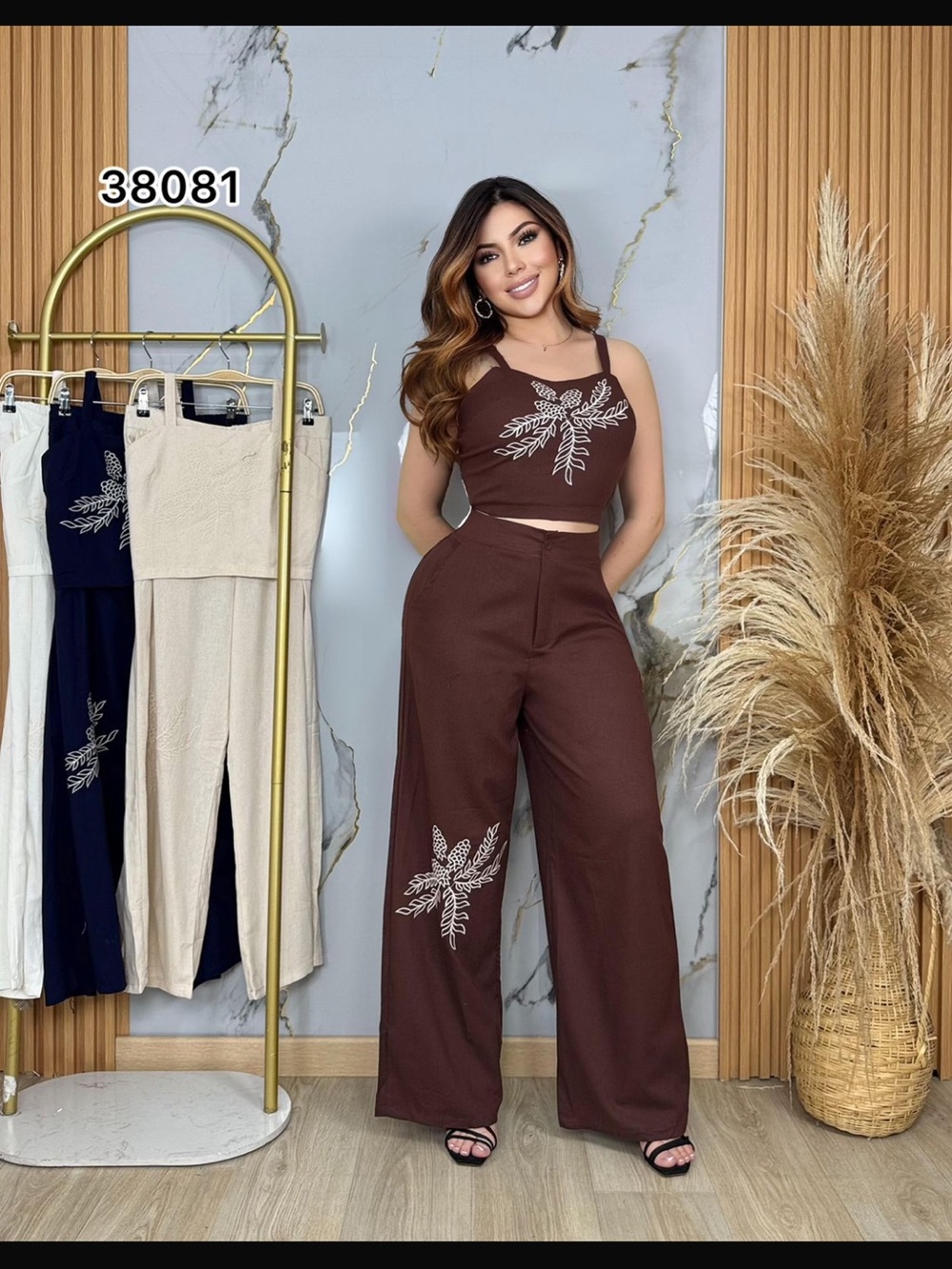 Sleeveless Crop Top & Wide-Leg Pants Set - Brown